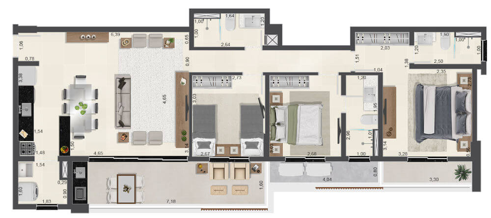 Apartamentos de 3 dormitórios (2 suítes) com 105m² - Finais 01, 02, 07 e 08 - Torre A - Aruna Ubatuba